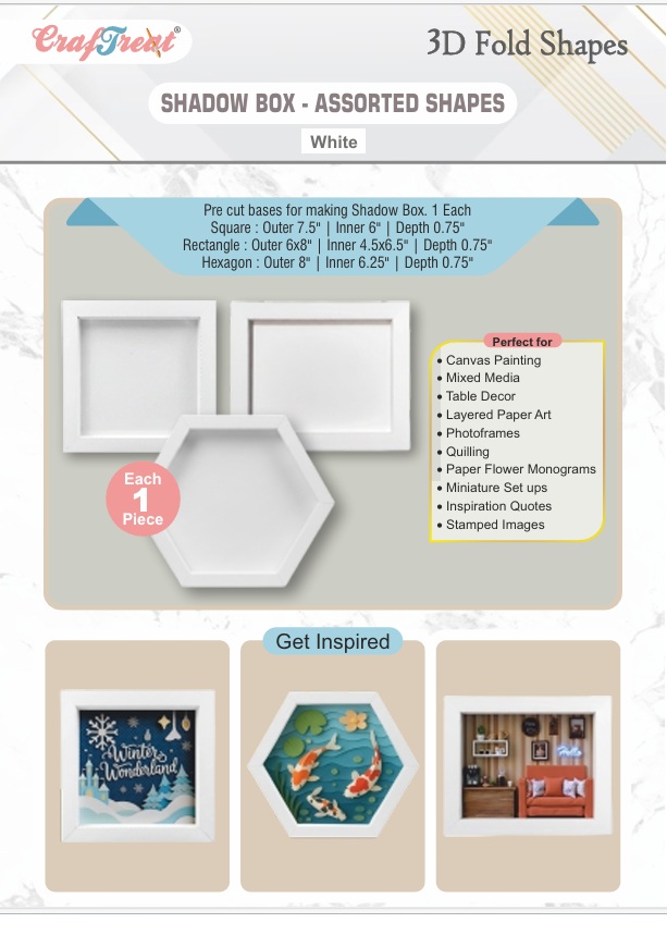 CrafTreat 3D Fold Shapes - Shadow Box White - Assorted Shapes 3pcs (CFS014)